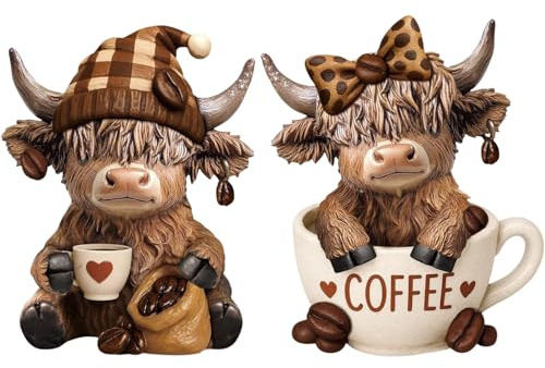 Wuneiox 2 Pcs Highland Cow Ornaments, Highland Cow Gifts, Coffee Gnomes Scottish Decor, Resin Statue Calf Lovers Gifts for Christmas, Highland Cow Figurines for Living Room, Kitchen, Home