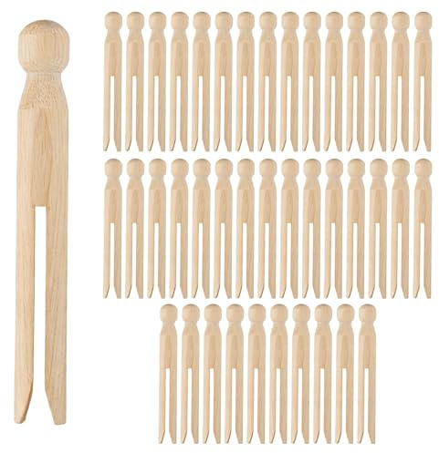 Lot de 40 Pinces à Linge à tête Ronde en Bois - 11 cm - Pinces tempête en Bois pour Corde à Linge, Fabrication de poupées et Bricolage