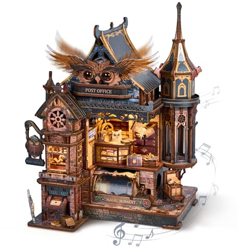 FUNPOLA LED 3D Holzpuzzle Eulen-Postamt – Dynamisches Modell mit mechanischen Zahnrädern, DIY Miniatur-Bausatz mit Musik und LED-Lichtern, Wohnkultur-Geschenk für Erwachsene und Jugendliche