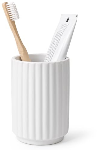 ANTIS'S HOME Toothbrush Holder 400ml, Ceramic Mouthwash Cup Bathroom Reusable Toothbrush Cup, Stripe Design White Tumbler for Toothpaste, Makeup Brushes & Countertop Organisation