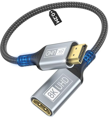layajia Cable Alargador HDMI 8K, Cable Alargador Adaptador HDMI 2.1 Macho a Hembra 8K@60 Hz, 4K@120 Hz, 3D, HDR Compatible con Roku Blu-Ray TV Stick, Monitor HDTV- 0,2 m