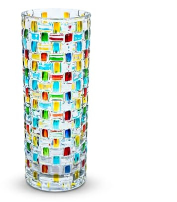 Hand Painted Colorful Ribbed Woven Large Glass Crystal Vase-11.8 inch Tall,Modern Vases for Living Room, Dining Table, Entryway, Shelf, Wedding, Office, Coffee Table