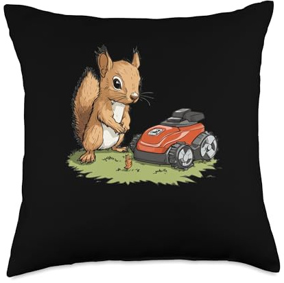 Squirrel Watching a Robotic Lawn Mower Throw Pillow