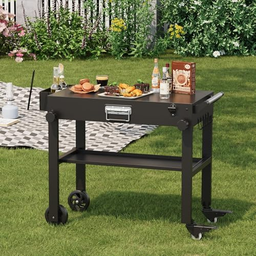 GarveeHome Heavy Duty Portable Grill Cart for Blackstone Griddles, Folding Outdoor BBQ Trolley, Stainless Steel Tabletop, Locking Wheels, Fits 17 & 22 Griddles, Great for Camping, Catering
