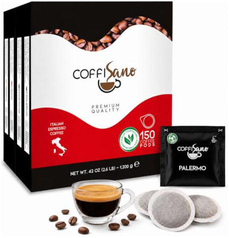 COFFISANO 150 Cialde Miscela Palermo Caffe ESE 44 mm in Filtrocarta, 8 g a Cialda, Espresso Italiano Intenso e Corposo, Bustine Monodose, Tostato in Italia