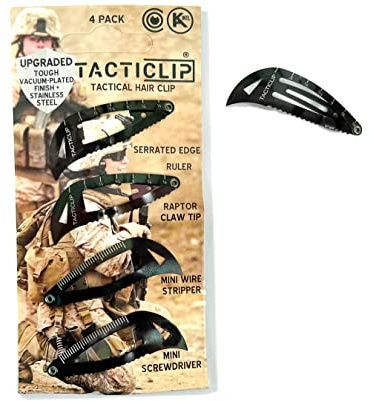 Tactical Hair Clips, 4 Pack - Black - Multitool Snap Barrettes - Laser Engraved, Vacuum Plated, Multi-Functional Keychain Multi Tool - Box Cutter, Serrated Edge, Raptor Claw