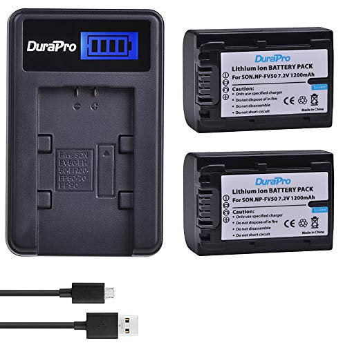 DuraPro 2Pcs 1200mAh NP-FV50 NP FV50 Battery + LCD USB Battery Charger for Sony NP-FV30 NP-FV40 FV50 Batteries; HDR-CX150E HDR-CX170 HDR-CX300 HDR-SR68 DCR-SX85 HDR-CX190 HDR-CX130 Handycam