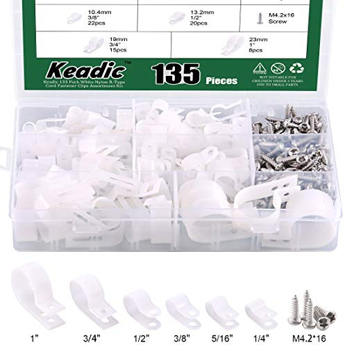 Keadic Kabelklemmen, 135 Stück, weiß, Nylon, R-Typ, Kabelbefestigungsclips, Sortiment-Set mit 135 Edelstahl-Schrauben, ideal für Draht-Management, weiß