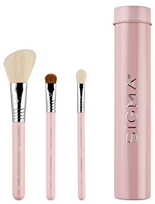 Sigma Beauty Travel Essential Trio – Lot de 3 pinceaux de maquillage pour fond de teint, poudre, fard à paupières, avec support en étain, sans danger pour la peau, pinceaux de maquillage végétaliens