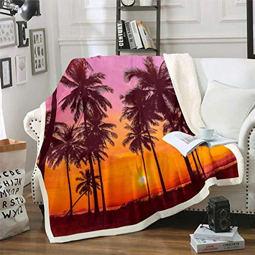 Hawaii Fleece Pläd Filt Ocean Våg Palm Tree Sherpa Filt för Barn Vuxna Sommar Strand Tema Plysch Filt Hav Solnedgång Natur Fuzzy Filt för Soffa Säng Soffa, Enkel 50 x 60 tum