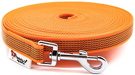 Twinkys Dog Style Schleppleine Hundeleine gummiert 20 mm breit für Hunde bis 50 kg - MIT Handschlaufe 5 Meter Orange mit Salzwasser beständigem Edelstahl Karabiner Made in Germany