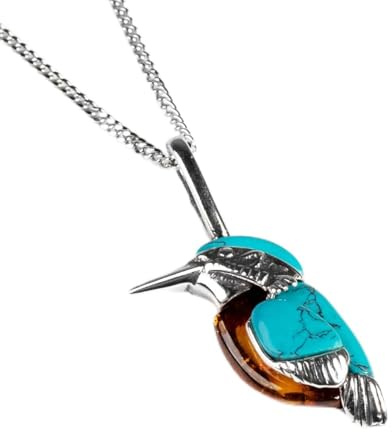 HENRYKA Collier Kingfisher en Argent Sterling 925, Ambre et Turquoise, Collier d’Oiseaux, Cadeaux d’Oiseaux