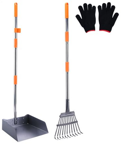 PETTOM Hundekotschaufel Set Pet Poop Tray Rake und Spade Set für große mittlere kleine Hunde - 97cm Lange verstellbare Griff mit EIN Paar Handschuhe