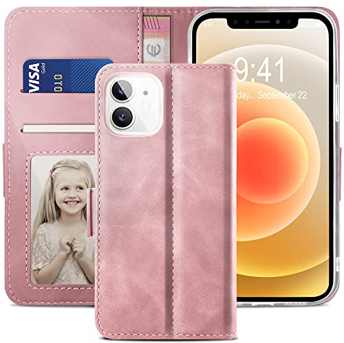 YATWIN Handyhülle Kompatibel mit iPhone 12 Mini Hülle +1 Stück Panzerglas Schutzfolie, Klapphülle Premium Leder Brieftasche Schutzhülle [Kartenfach][Magnet][Stand] Handytasche für 12 Mini, Rosa