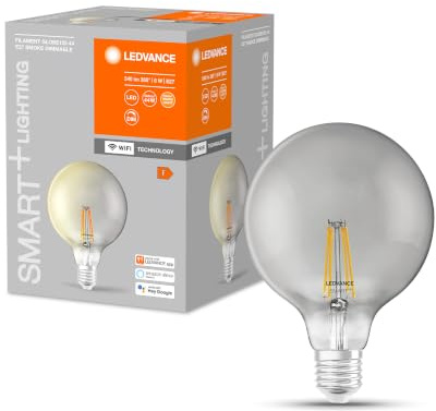 LEDVANCE Smarte LED-Lampe mit Wifi Technologie, Sockel E27, Dimmbar, Warmweiß (2500K), Globeform, Klares Filament im Rauchglas, Ersatz für herkömmliche 48W-Birnen, steuerbar mit Alexa, Google & App