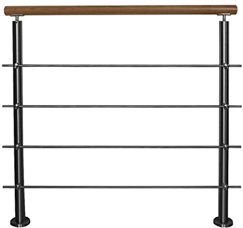 TIBU Geländer mit Eiche Handlauf und waagerechten Streben Länge 60-500 cm | Geländer aus Edelstahl V2A, Treppe Balkon Innen & Außen Aufmontage, Variante: 4 Streben, Länge 3,0 m mit 4 Pfosten