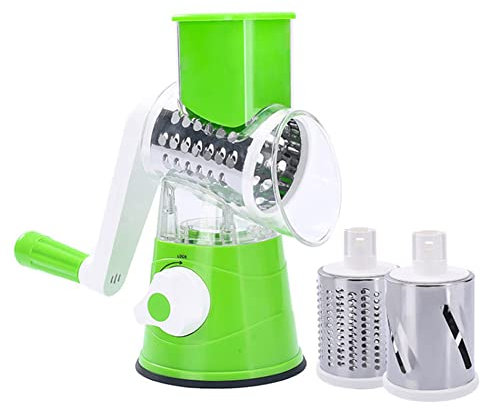 TopHomer Rallador de queso rotativo 3 en 1, cortadoras rotativas de mano de acero inoxidable con 3 cuchillas de tambor para queso, verduras y frutas