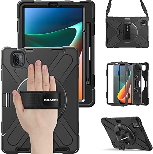 BRAECN Funda para Xiaomi Mi Pad 5/5 Pro - 11 Pulgadas 2021 Negro rugerizada | Carcasa Rugosa con Soporte de Rotación de 360°, Correa de Mano/Hombro, resistente