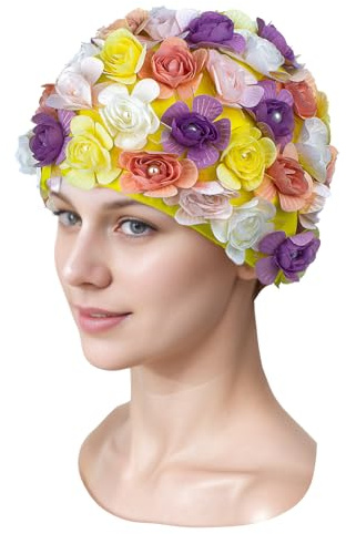 Medifier Cuffia da bagno floreale petalo retrò multicolore tappi da bagno elastico antiscivolo cuffia da doccia per le donne ragazze colore 3