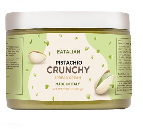 EATALIAN by AMZ BETTER Pistachio Cream CRUNCHY 500 gr, Spreadable Cream with Pistachio Granules, Sweet Taste, Ideal on Bread, for Filling Desserts, Ice Cream, Dubai Chocolate, Made in Italy