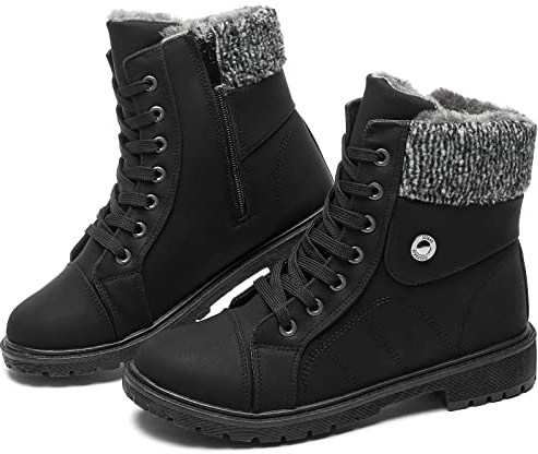 FRACORA Women's PU Leather Combat Boots Warm Fur Lined Black Ankle Booties Side Zipper Waterproof Winter Boots(Black,US8)