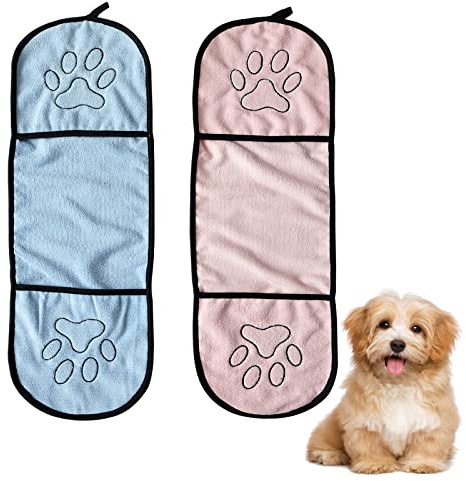Fayemint 2 Piezas Toallas para Mascotas, Toalla de Microfibra para Perros, Toallas Absorbentes para Mascotas, con Bolsillos para Manos, para Mascotas de Todas Razas y Tamaños (Azul Claro, Rosa)