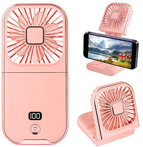Faltbarer Handventilator mit LED-Bildschirm, tragbarer Mini-Lüfter (rosa) | USB Wiederaufladbare Powerbank-Lüfter-Hals-Lüfter, batteriebetriebener 180 ° Faltbarer Desktop-Lüfter Kühlung für Büro Home