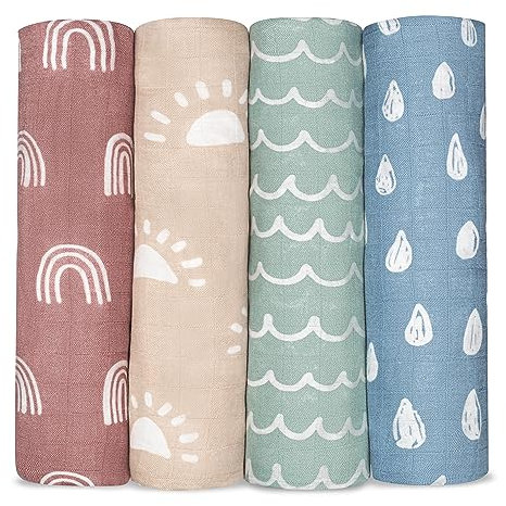 Comfy Cubs Muslin Swaddle Blankets Pack of 4-119 x 119 cm, Soft Cotton Baby Blanket Set, Large Swaddling Wraps for Newborns - Self-Soothing Baby Swaddle - Sun, Rainbow, Rain, Doodle
