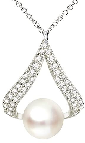 Löb Damen Halskette 925 Silber Zirkonia mit Zuchtperlen Perlen-Anhänger Kette Perlenkette Oval Tropfen Glitzer Steine Weiß Braut Brautschmuck