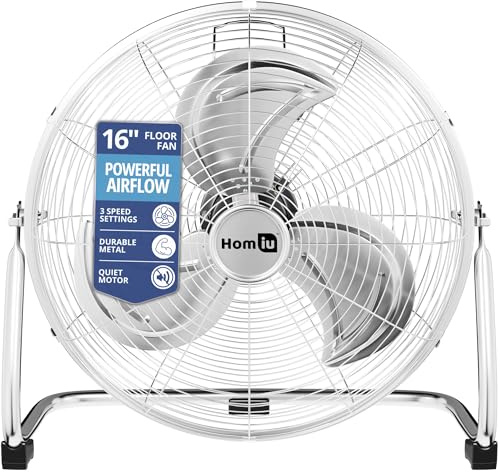 Homiu 16 Inch Floor Fan - 3 Speed High Velocity Fan - Standing Cooling Cold Air Circulation - Adjustable Tilting Electric Industrial Fan - For Home Gym Office Garage Outdoor Indoor