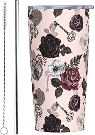 QQIAEJIA Isolierter Becher Rose Goth Blume Schlüssel Floral 590 ml mit Deckel und Strohhalm Edelstahl Vakuumbecher Kaffee Wasser auslaufsicher Reisebecher für Zuhause Büro Schule