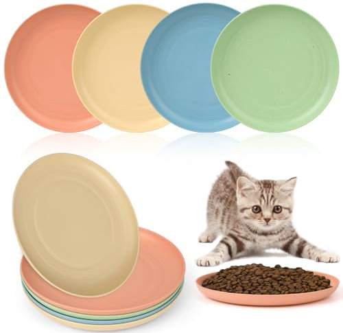 KALIONE 4 Pcs Cat Food Dish Shallow Cat Wet Food Flat Cat Bowls Whisker Fatigue Free Cat Food Bowls Cat Dishes for Food and Water Wide Cat Plate for Kittens and Short Legged Cat (Color B,Round)