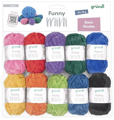 Gründl Wolle Funny Mini 6253-1 weiche Chenille Wolle zum Häkeln Chenillegarn aus 100% Poyester, Polyester, bunt, 10 Miniknäuel (15 g / 18 m), 150 Gramm