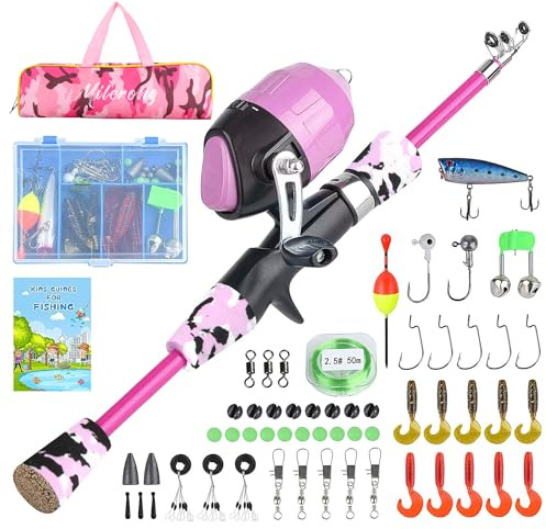 Milerong Kids Fishing Rod, Kids Toys Fishing Pole Portable Telescopic Fishing Rod and Reel Combo Kit for Boys, Girls, Youth - with Spincast Fishing Reel, Fish Tackles, Lures, Fish Lines [Pink]
