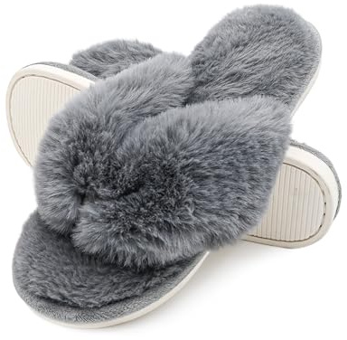 Onmygogo Pantofole infradito da interno in peluche, da donna, con punta aperta, in finta pelliccia, per spa e casa, 0-carbone, 7-8