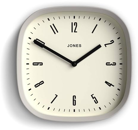 JONES CLOCKS® Marvel Wanduhr | Moderne Retro runde, quadratische Uhr | 25 cm | Grau | Cooler Designer-Look für küche, Wohnzimmer oder büro