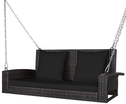 RELAX4LIFE Outdoor 2-Seater Swing Set, Rattan Swing Bench and Metal Frame with Cushions, Hanging Loveseat for Patio Garden(Swing Chair with Black Cushions)