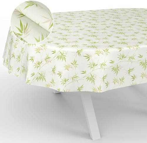 ANRO Mantel de Hule Lavable, para Exterior e Interior, Ovalado, 180 x 140 cm, Borde Cortado de bambú