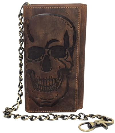 CAZORO Biker Skull Chain Wallet RFID Signal Blocking Men's Vintage Leather Long Tri-fold Chain Checkbook Card ID Wallet (Skull Brown)