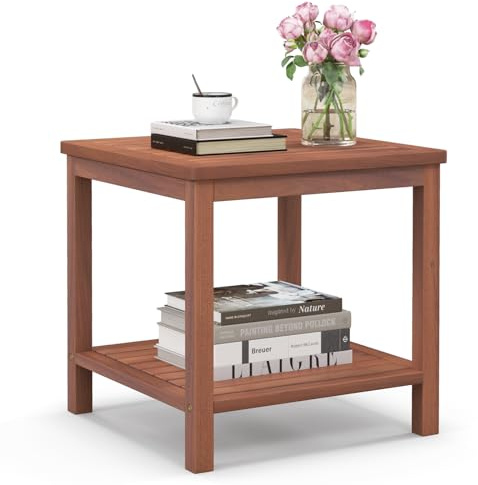 COSTWAY Table d’Appoint Extérieure en Bois à 2 Niveaux Charge 95KG, Table Basse de Jardin Portable Rectangulaire avec Plateau à Lamelles, Table de Bistrot pour Patio Maison Piscine