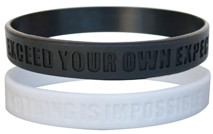 GOMOYO [2-Pack] Motivational Silicone Wristbands, Rubberband Bracelets for Fitness, Workouts, Exercise, Basketball, Lifting, Team Sports (Black & White - 2pk)