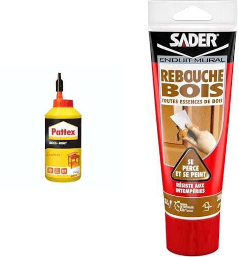 Pattex | Colle Bois Express (biberon de 750 g) – Colle à bois transparente à séchage & Sader Rebouche Bois en Pâte – Enduit de Rebouchage Extérieur et Intérieur – Pour Combler Trous