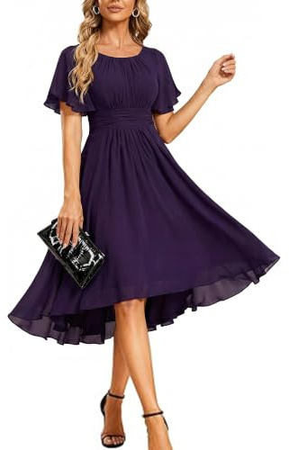 Ever-Pretty Abito Cerimonia Donna Maniche a Volant Chiffon Pieghe al Ginocchio Abito da Sera Elegante Viola Scuro 38