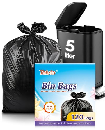 Bolsas de basura de 1.2 galones, 120 unidades, bolsas de basura, bolsas de basura de baño, bolsas de plástico pequeñas para la oficina en casa, cocina, para 5 litros, 5 litros, 1 galón, color negro