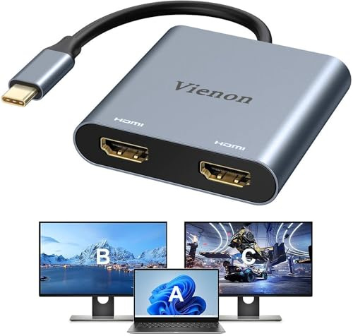 VIENON Adaptateur USB C vers HDMI Dual 4K 60Hz Splitter Type C vers HDMI pour 2 moniteurs, (Thunderbolt 3/4) USB C vers Dual HDMI Hub Extender Display pour MacBook Air/Pro, Dell XPS, Surface