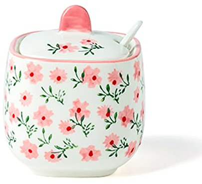FQCXCKJ Sucrier à motif dessiné à la main avec couvercle, pot à sucre en forme de tasse à thé en céramique, accessoires à café, verseur à sucre, rangement de cuisine (rose)
