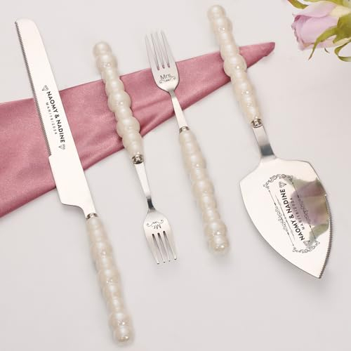 Set Di Coltelli E Server Per Torte Nuziali con Forchette, Perla Paletta Torta Cake Server Set, Set da Taglio in Acciaio Inossidabile Tagliatorta e Server per Torte, Matrimonio, Natale, Compleanno (7)