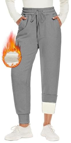 CAMPSNAIL Warme Jogginghose Damen Gefütterte mit 2 Taschen Kordelzug Winter Fleece High Waist Lange Sportleggins Trainingshose Freizeithose Sweathose Hellgrau XS