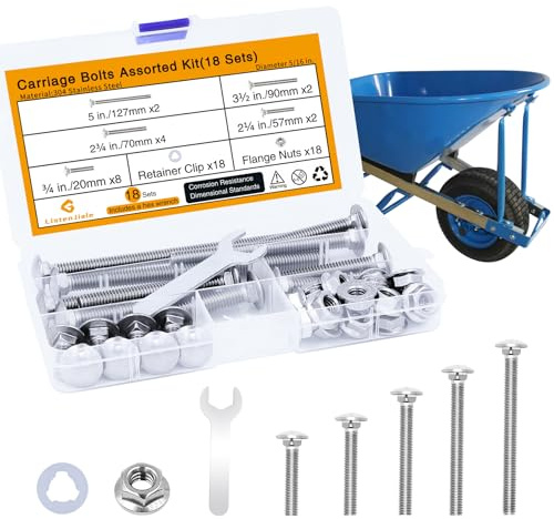 Wheelbarrow Carriage Bolts and Nuts Kit,5/16-18 Stainless Steel Carriage Bolts 5,3-1/2,2-3/4,2-1/4,3/4,Flange Hex Nuts,Retainer Clips,Hex Wrench,Wheelbarrow Handles Replacement kit(18 Sets)