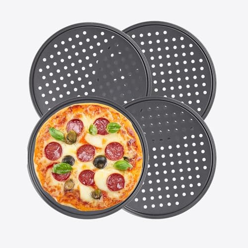 MUVELL Teglia per pizza, Ø 28 cm o Ø 32 cm, rotonda, teglia forata per pizza, torte di fiamma, lahmacun e patatine fritte, durevole, leggera, impilabile (4, Ø 32 cm)